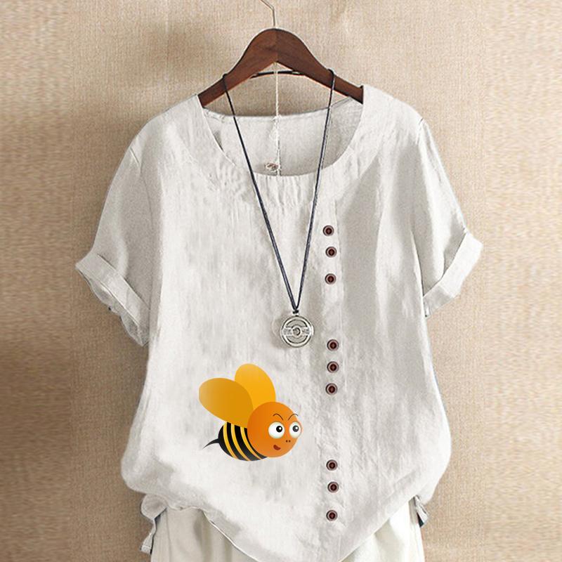 Women's Fashion Round Neck Short Sleeve T-shirt Casual Cotton Linen Graphic Shirt Leisure Loose Honeybee Prined Summer Blouse Tops