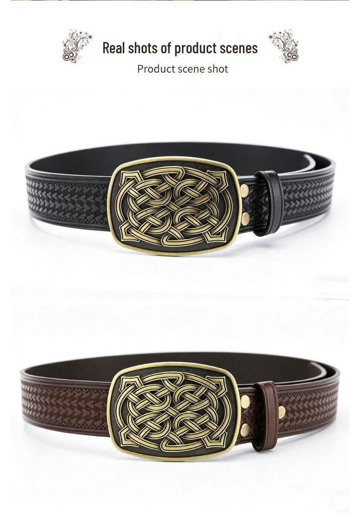 Western Cowboy Men's Leather Belt with Large Buckle and Turquoise National Flag Pattern - Retro European American Style Waistband