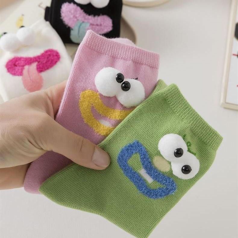 3 Pairs Women's Spring Summer New Cotton Socks Cute Cartoon Ugly Cute Little Eyes MidTube Pile Pile Socks Sweet Style Kawaii