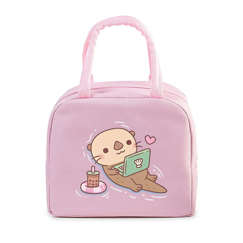 Cute Otter Printing Lunch Bags Women Portable Insulated Tote Bags Cartoon Otter Sloth Graphics Thermal Foods Eco Kids Lunch Bags