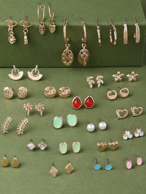 Set Of 25 Gold Tone Smart Casual Wear Studs & Drop Earrings For Women