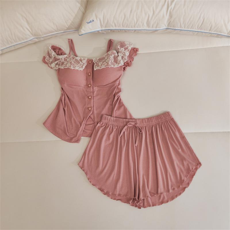 Women's Lace Camisole Sleepwear Set with Chest Pads - Sweet & Sexy Spring/Summer Homewear.