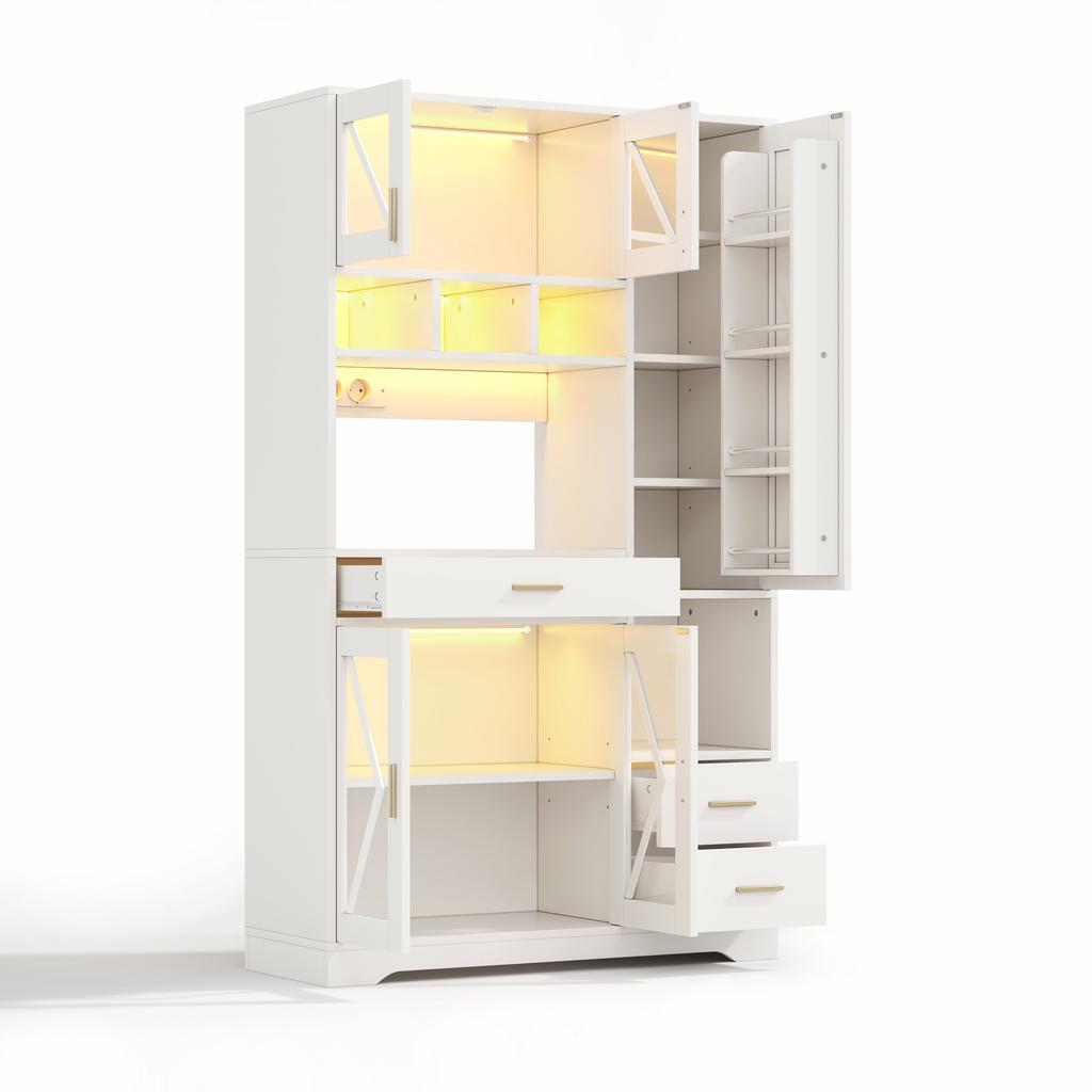 Kitchen Cabinet In Barn Style, Storage and Display Cabinet with Adjustable Shelves, Drawer, Color-Changing LED and Sockets, 185 × 105 × 40 Cm.