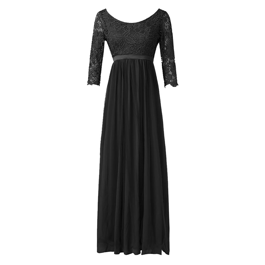 Frauen Sommer Casual Einfarbig O-ansatz Zurück Zipper Mid-hülse Nähte Spitze Mesh Mit A-linie Abendkleid