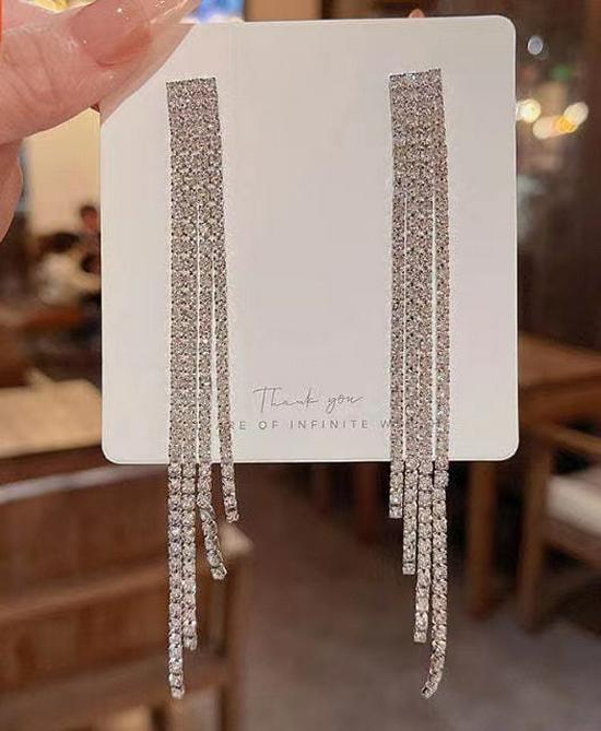 Korean Style Slim Tassel Earrings – Long, Shiny Bridal Fashion