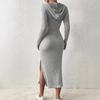 Vestido largo con capucha de manga larga para mujer, ajustado, elástico, informal, con abertura lateral, de punto, para otoño e invierno