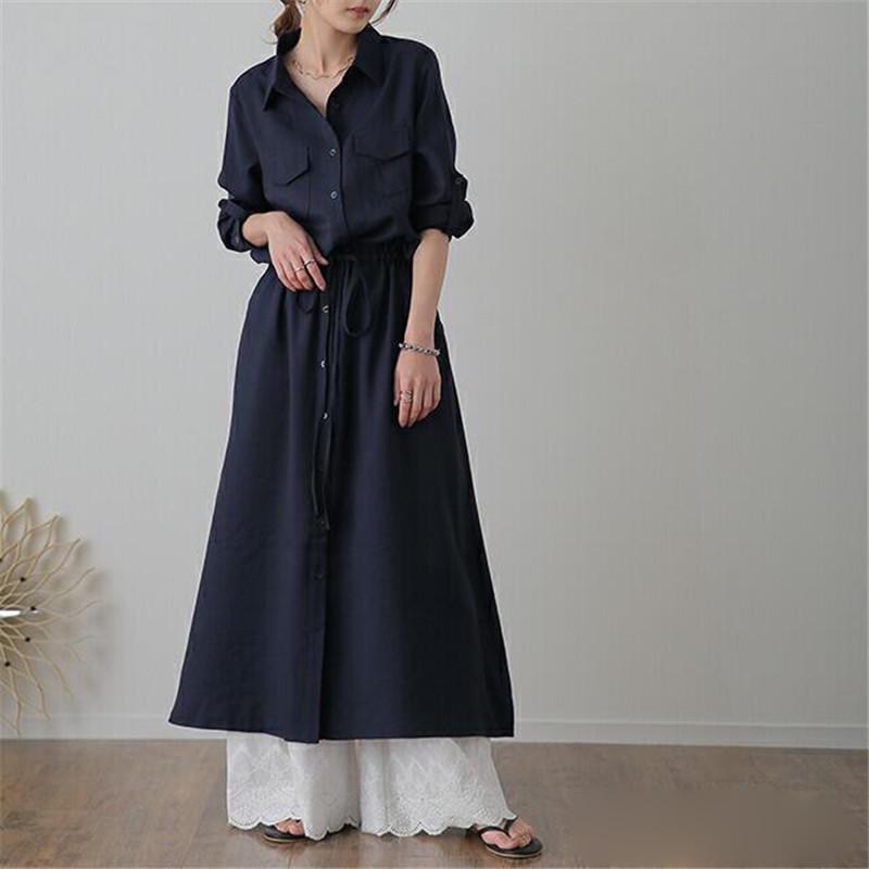 Women's Spring/Autumn Turn-Down Collar Maxi Shirt Dress - Long Sleeve, Solid Color, Casual