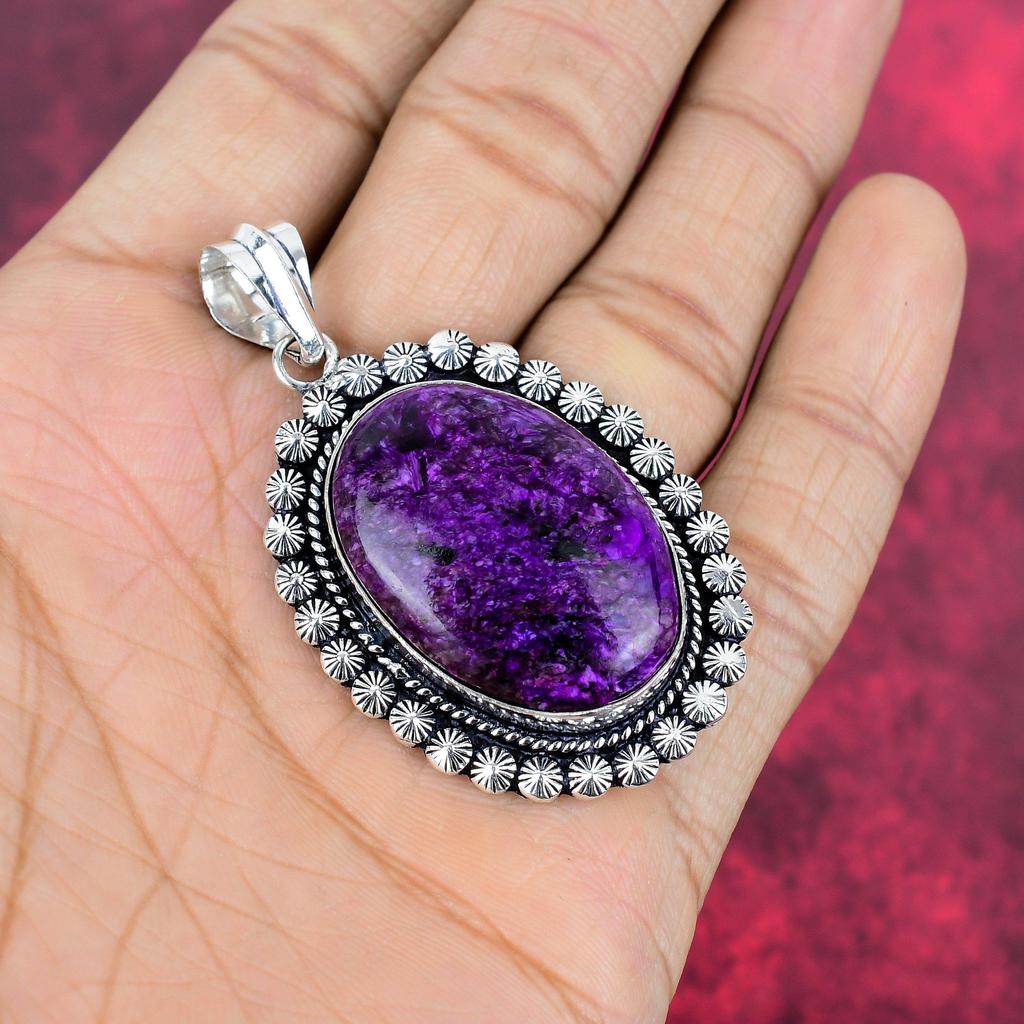 Pendentif en charoïte, bijou fait main en pierres précieuses, pendentif en argent sterling massif 925, bijou ancien, cadeau de fiançailles