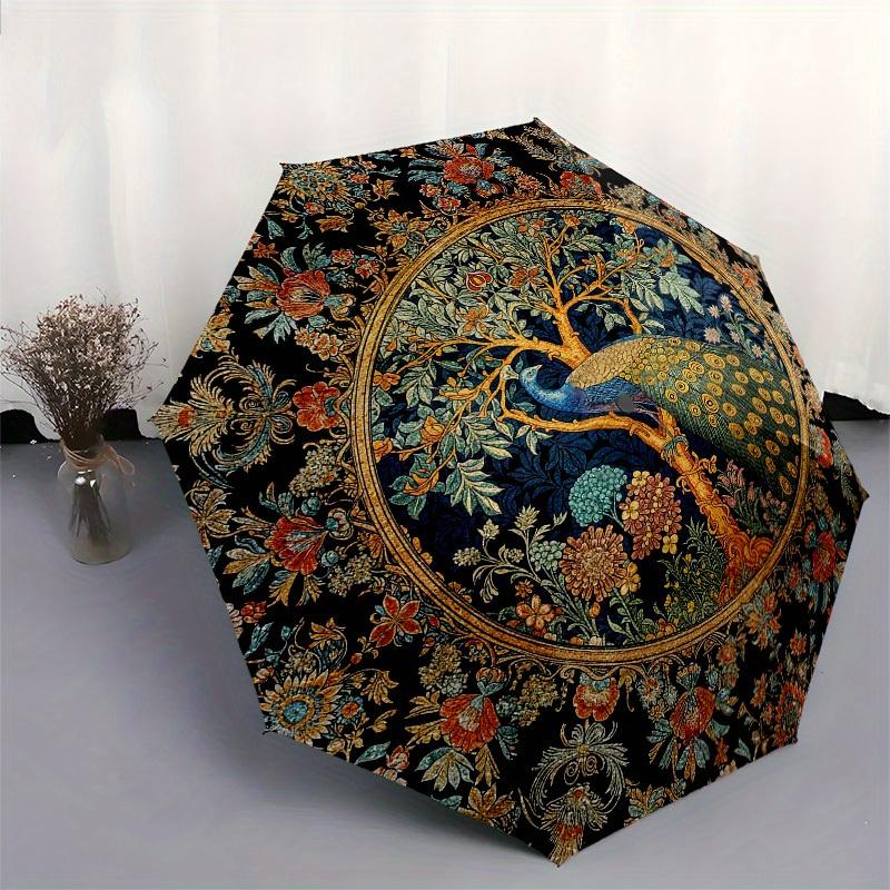 1pc Vintage Automatic Umbrella with Floral & Peacock-like pattern - Automatic Open/Close & Folding Closure, Sturdy Iron Frame, All-Season Wo