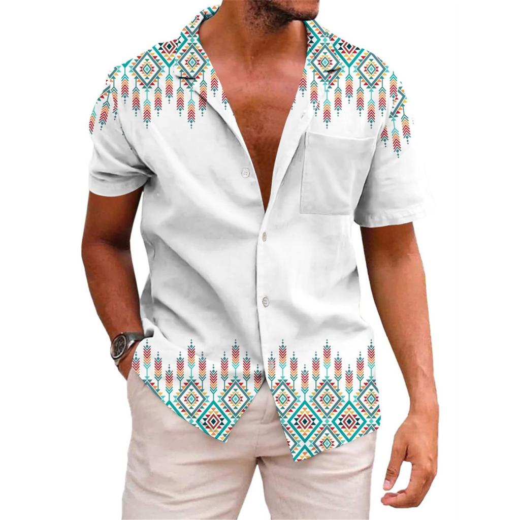 Hawaiian Mens Shirts Lapel Short-Sleeved Shirt Mexican Style Clothing Casual Loose Button-Down Shirt