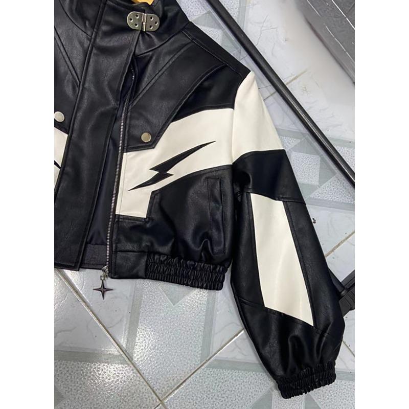Hübsche Motorradjacke für Damen im Frühling und Herbst, schwarz-weiße Kontrastfarbe, schwere Industrienähte, bestickte Lederjacke für Damen