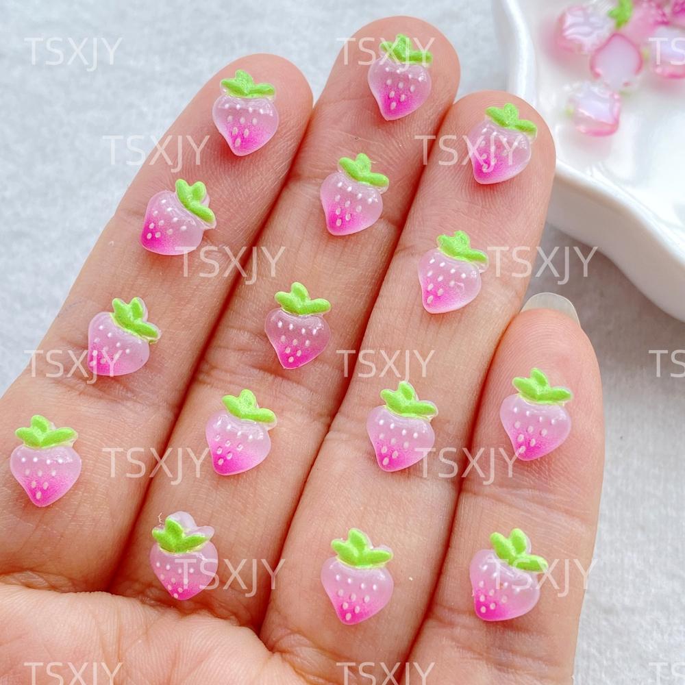 50pcs Pink 3D Strawberry Cute Nail Charms Flatback Resin Rhinestone Gems Red Strawberry Designs Nail Decoration Jewelry