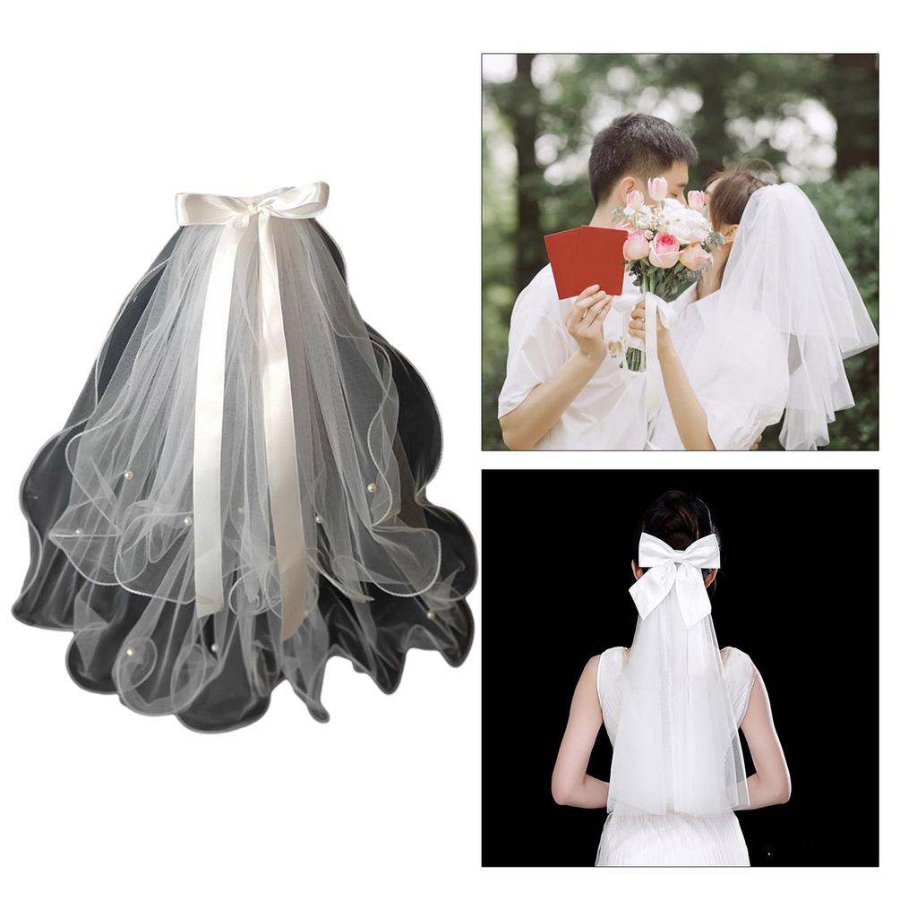 Voile de mariée en dentelle pour femme, voile de mariage en tulle superposé avec perles/nœud papillon pour fête de mariage