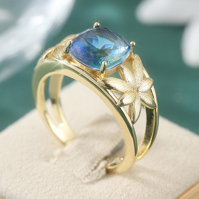 Vintage Elegant Blue Synthetic Zirconia Hollowed Maple Ring for Women Luxury Temperament Banquet Celebration Jewelry Accessories