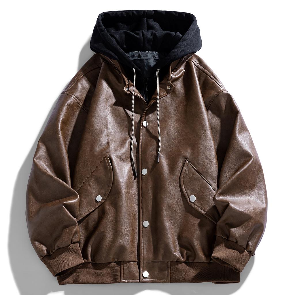 Fake Two-piece American Retro Leather Jacket for Men's Spring and Autumn New Style High Street Pussy