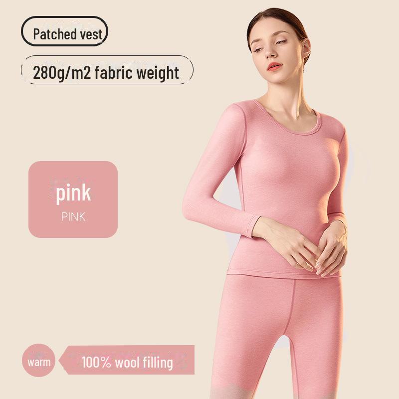 Women's Thermal Suit: 7A Antibacterial 100% Wool Filling, Slim Fit, Round Neck, for Autumn/Winter.