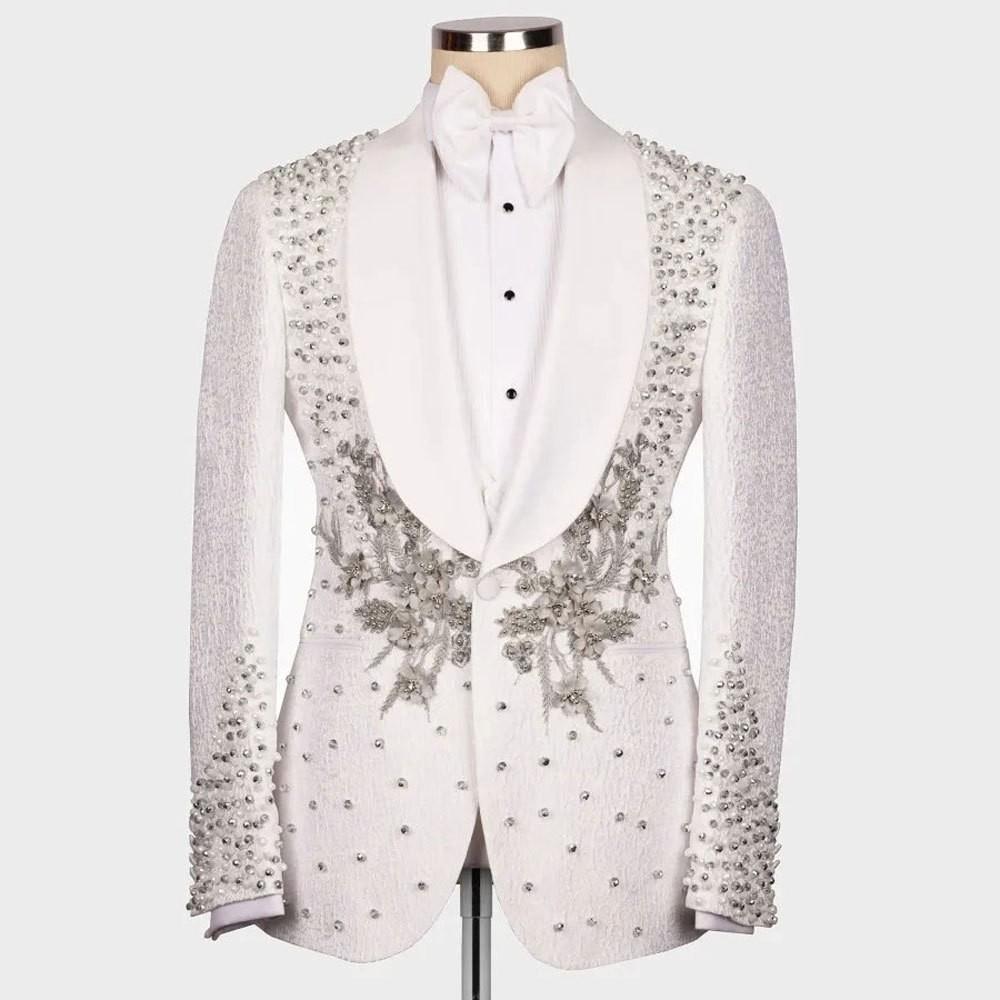 Luxury Black Men Suits 2 Piece Blazer+Pant Crystals Flower Applique Wedding Tuxedo Coat Customized Formal Office Jacket Trouser