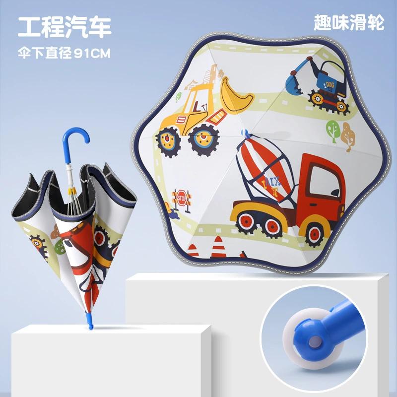 Safety Kids Umbrella With Reflective Strip Cute Rounded Corner Umbrellas With Funny Wheel UPF50+ Anti-UV Sun Rain Parasol