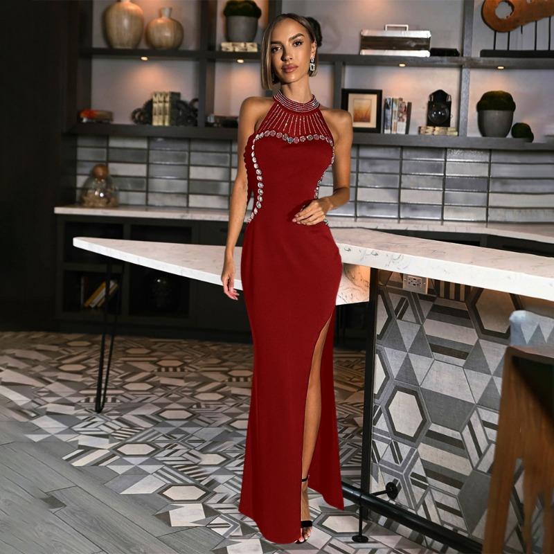 Women's Sexy Sleeveless Slit Dress Diamond Long Dress Evening Gown