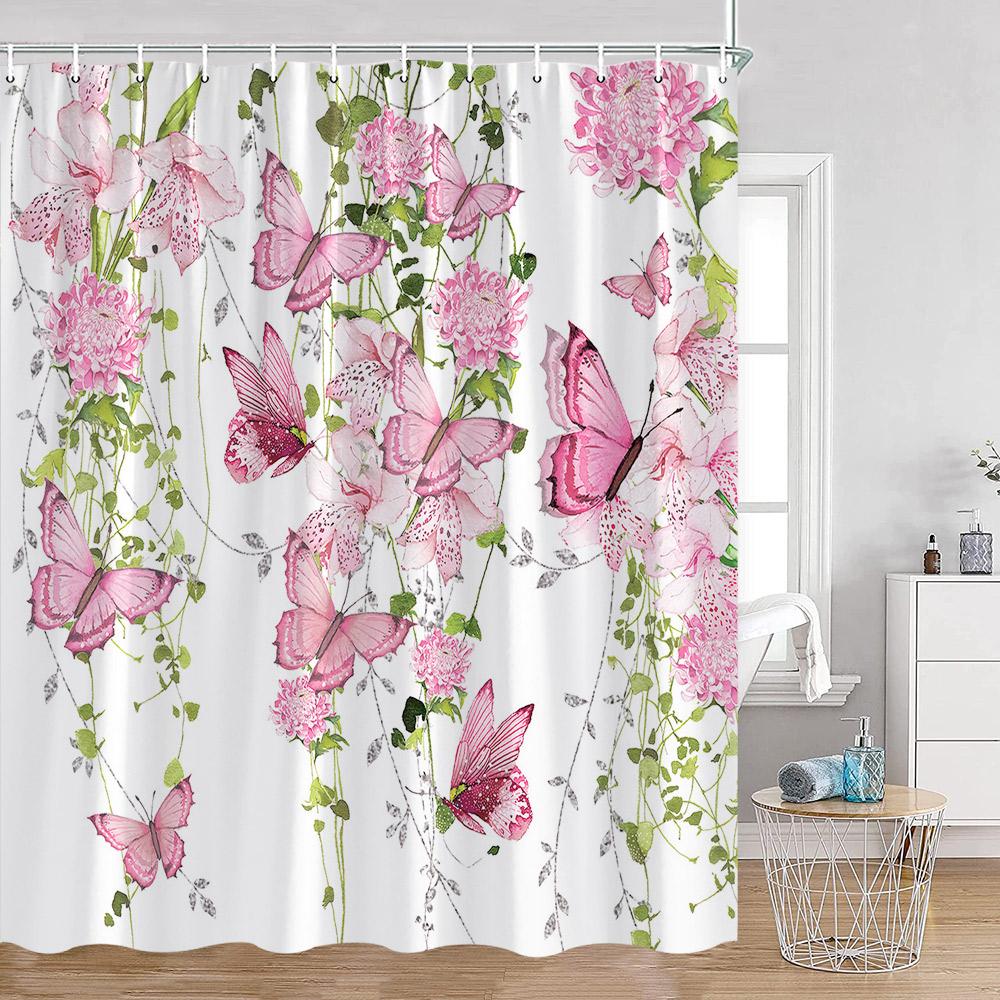 Watercolor Flowers Butterfly Shower Curtains Green Leaves Plants Colorful Floral Bathroom Decorations Polyester Fabric Bath Curt