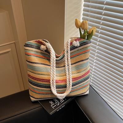 Summer New Color Striped Straw Bag Women's Large-capacity Temperament Simple Shoulder Bag Vacation Leisure Beach Bag