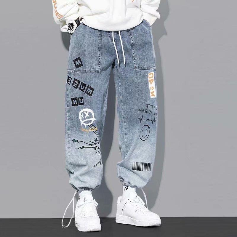 Men's Lettered Print Jeans Loose Cartoon Graffiti Leggings Drawstring Pants
