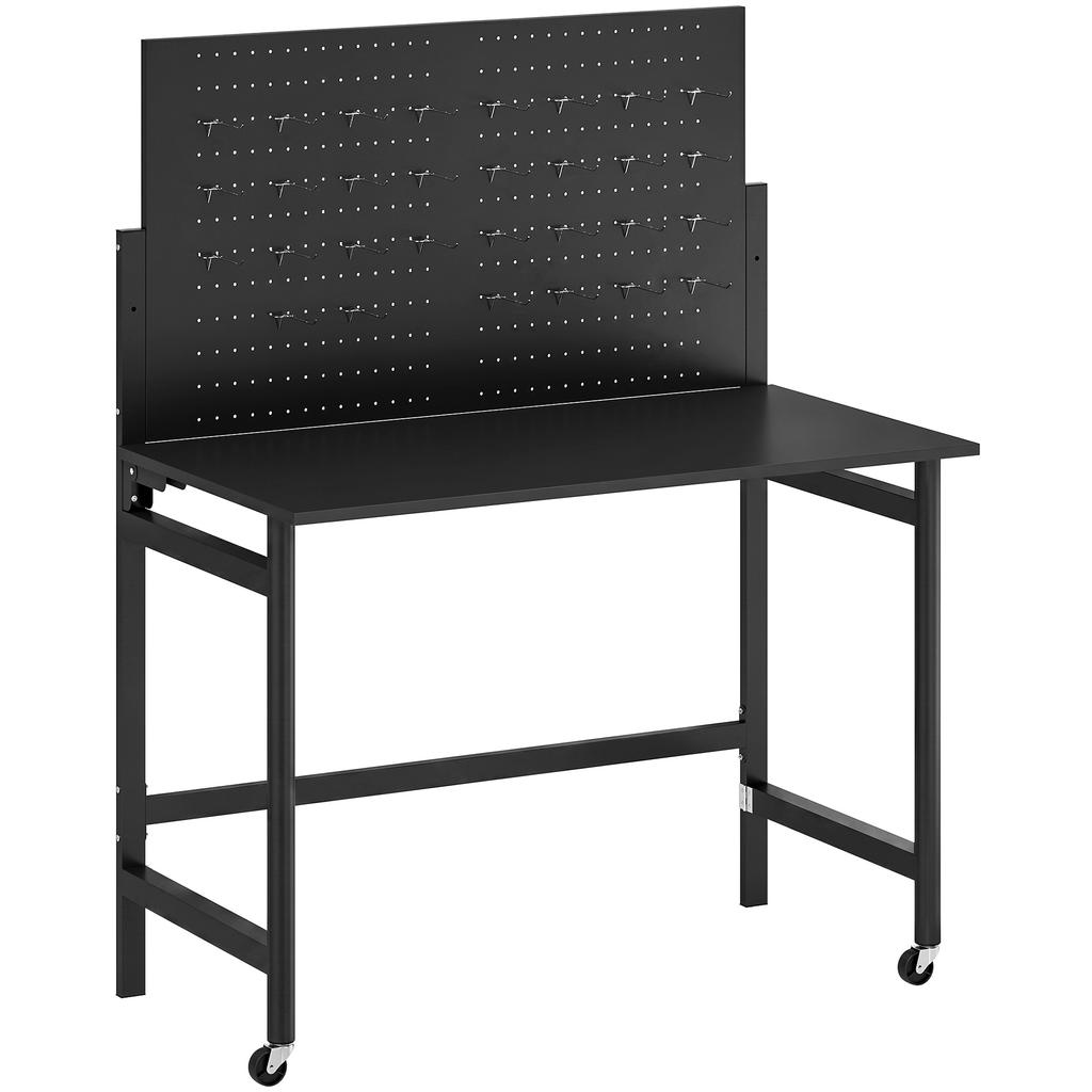 Workbench with Pegboard, Foldable Mobile Workbench with Casters, Thick Work Surface, Steel Frame, Hooks, Black