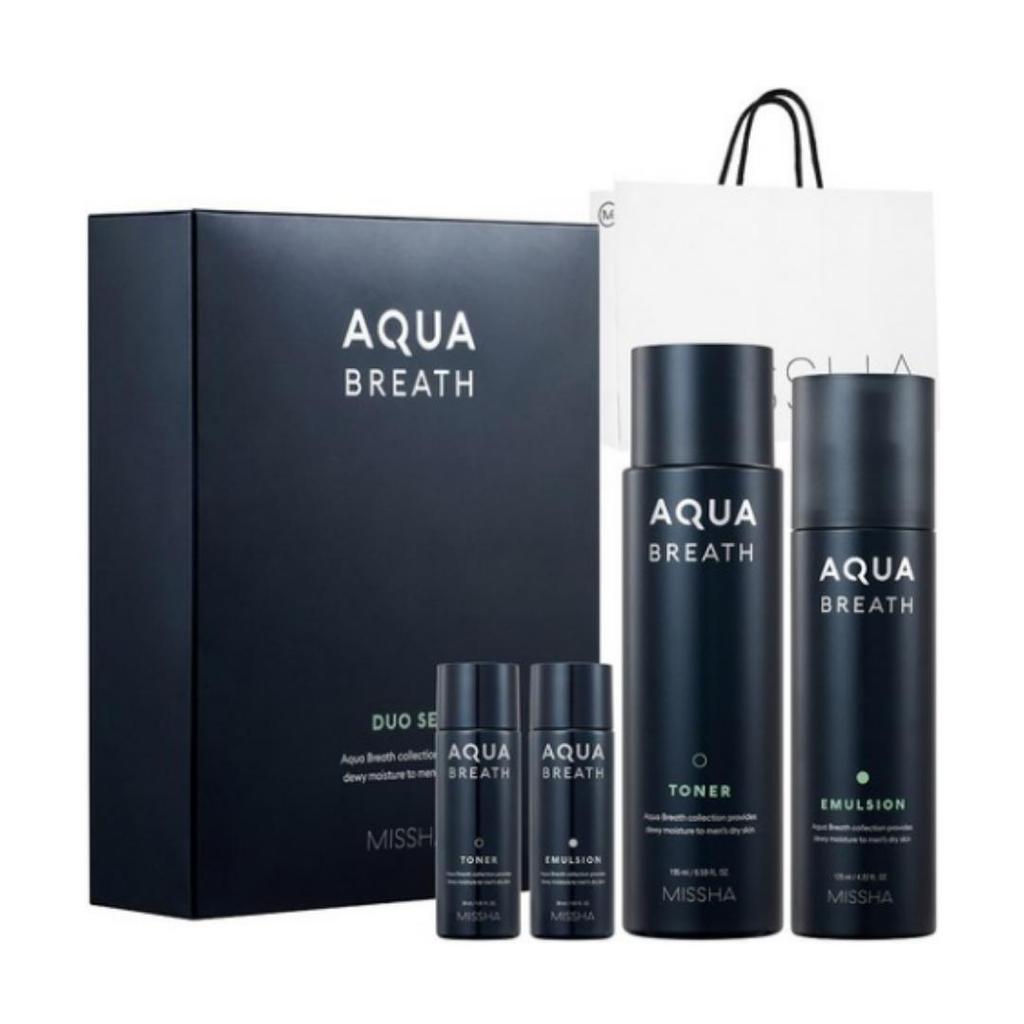 MISSHA For Men Aqua Breath Toner 195ml + 30ml, Emulsion 125ml + 30ml 2‑Piece Set + Shopping Bag