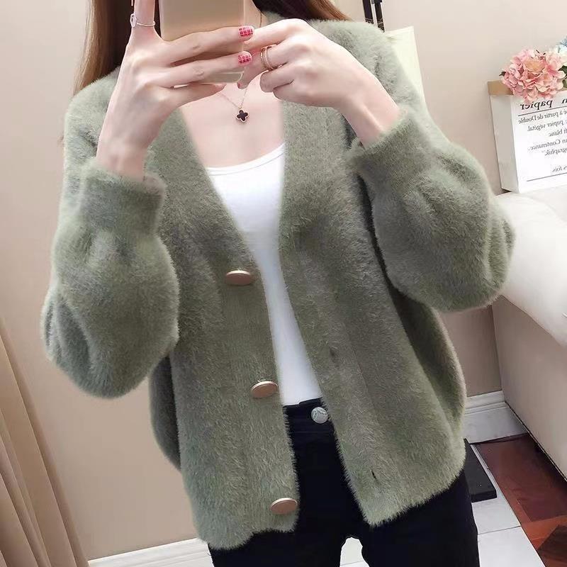 Spring and Autumn New Korean Style Imitation Mink Fleece Knitted Cardigan Jacket Sweater Women's Short Loose Outer Tops Women