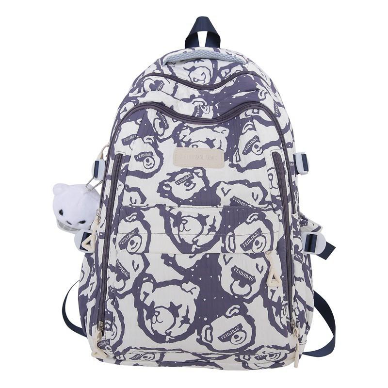 2024 New Backpack Bear Printed Schoolbag Female Junior High School Students Niche All-matching Computer Bag
