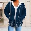Women Plus Size Zip Up Hoodie Long Sleeve Snowflake Printed Navy Blue Hooded Sweatshirt With Pockets