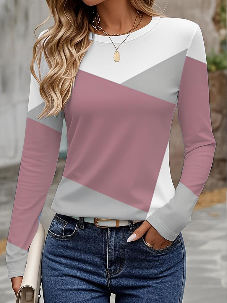Damen 3D Colorblock-Nähte T-Shirt modisch langärmlig Rundhals normale Oberteile Feiertagswochenende Frühling und Herbst