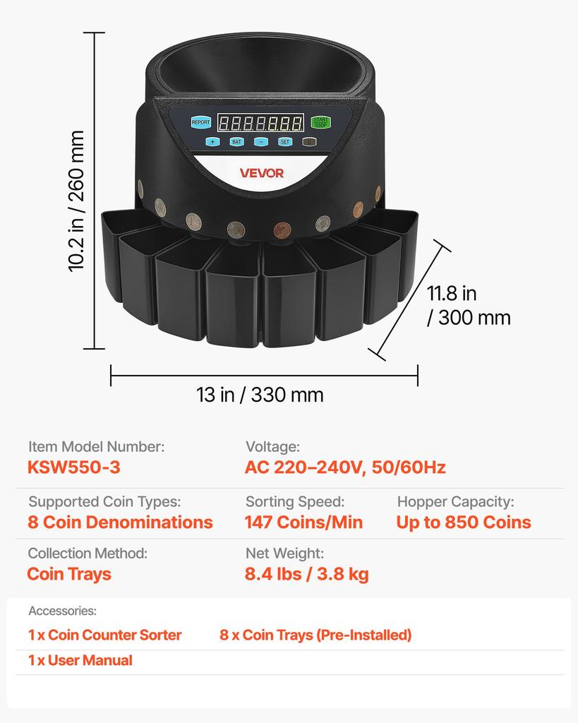 VEVOR Coin Counter Machine, 8 Denominations, Accurate Coin Sorter Machine, Sorts Up to 147 Coins Per Minute, Change Counter Sorter with LED Display