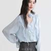 Women's Light Blue Sheer Chiffon Ruffled V-Neck Long-Sleeve Loose Casual Blouse