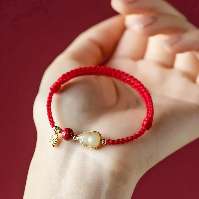 Hand Braided Red Lucky Bracelets For Couples Imitation Jade Calabash Cinnabar Beads Bracelet Good Fortune Bangles Year Gift