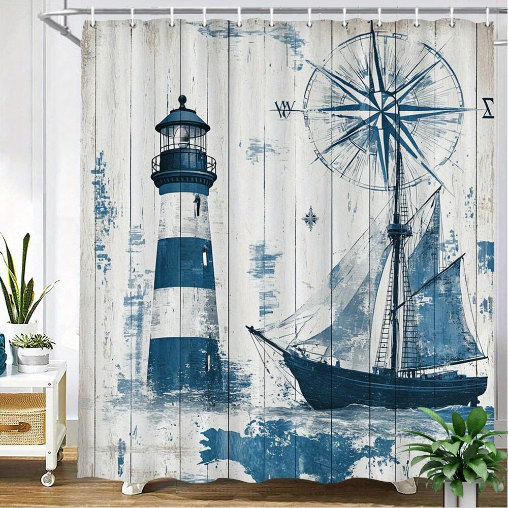 

Lighthouse & Sailboat Shower Curtain – Distressed Nautical Illustration With Compass On Wood-Effect Background, 12 Hooks W60H190(CM)-1 Pcs