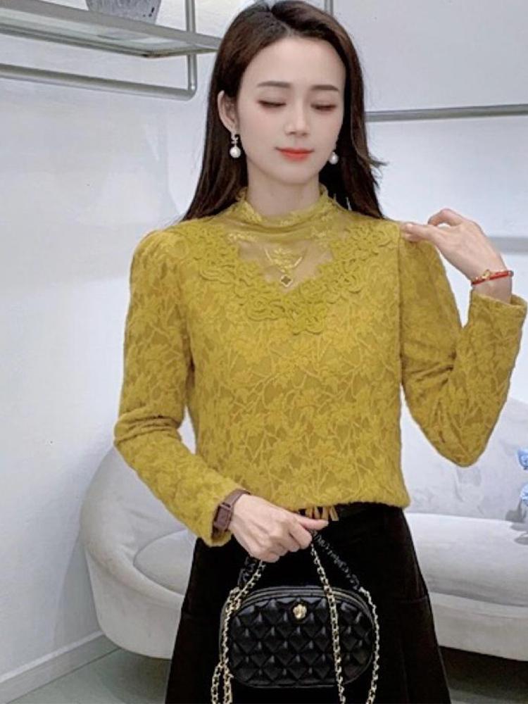 Elegant French-Style Velvet Lace Base Layer: Women's Winter Slimming Warm Top
