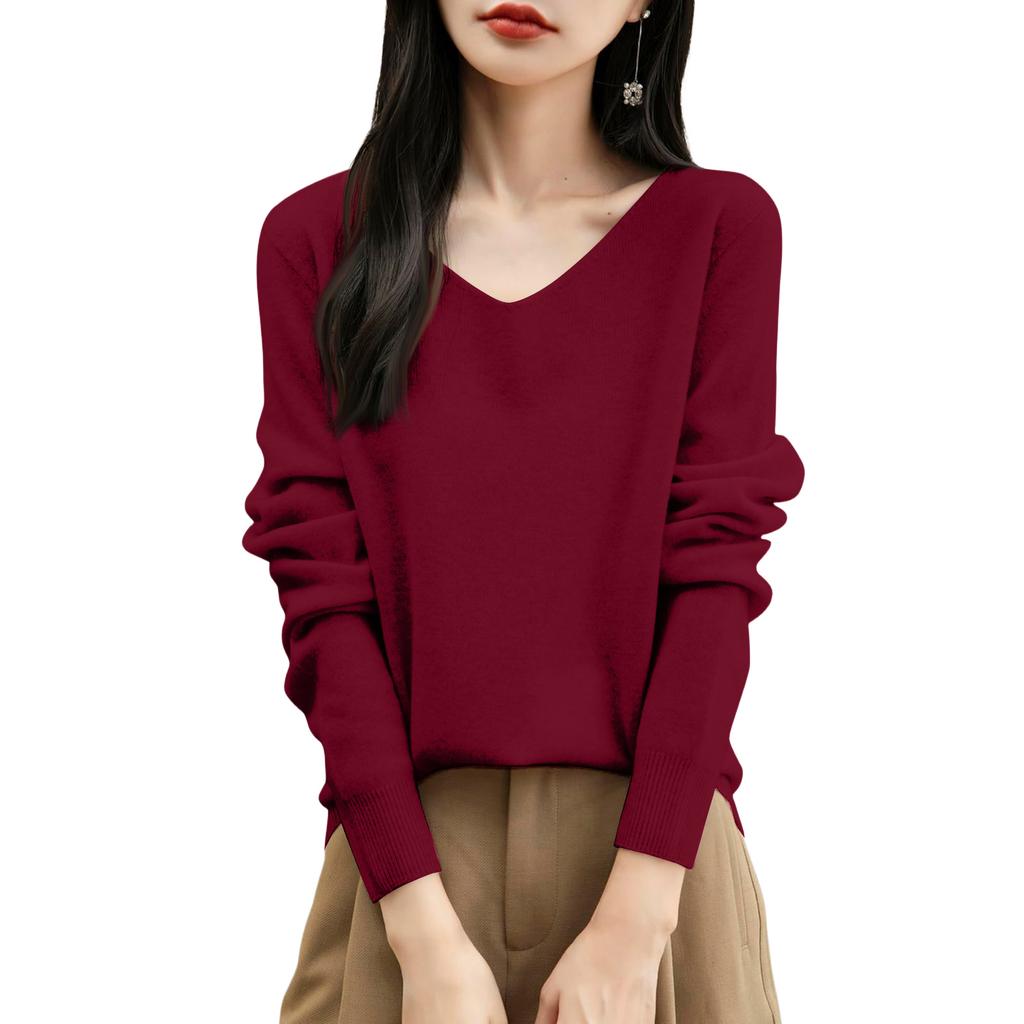 Women's Fashion Flat-Knit V-Neck Pullover Sweater Solid Color Long-Sleeve Top