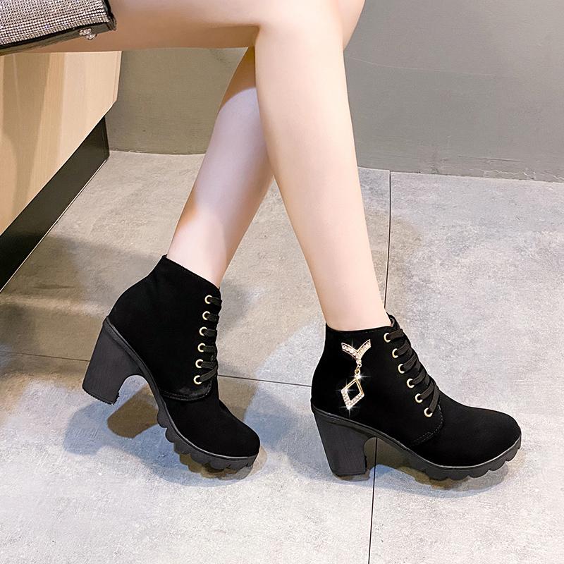 Hot Sale Retro Autumn Winter Women's Boot Vintage Block Heel Ankle Boots Lace Up High Heels Women Shoes Big Sizes 42