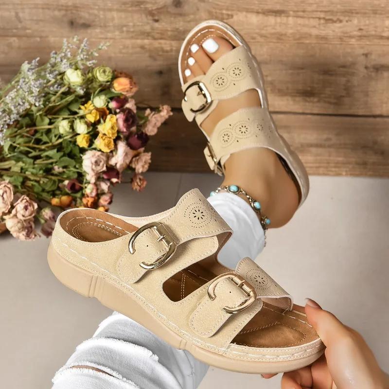 Fashion Fashion Summer Women Slipper Closed Toe Summer Shoes Comfort Double Buckle Wedge Ladies Sandals Platform Casual Slippers
