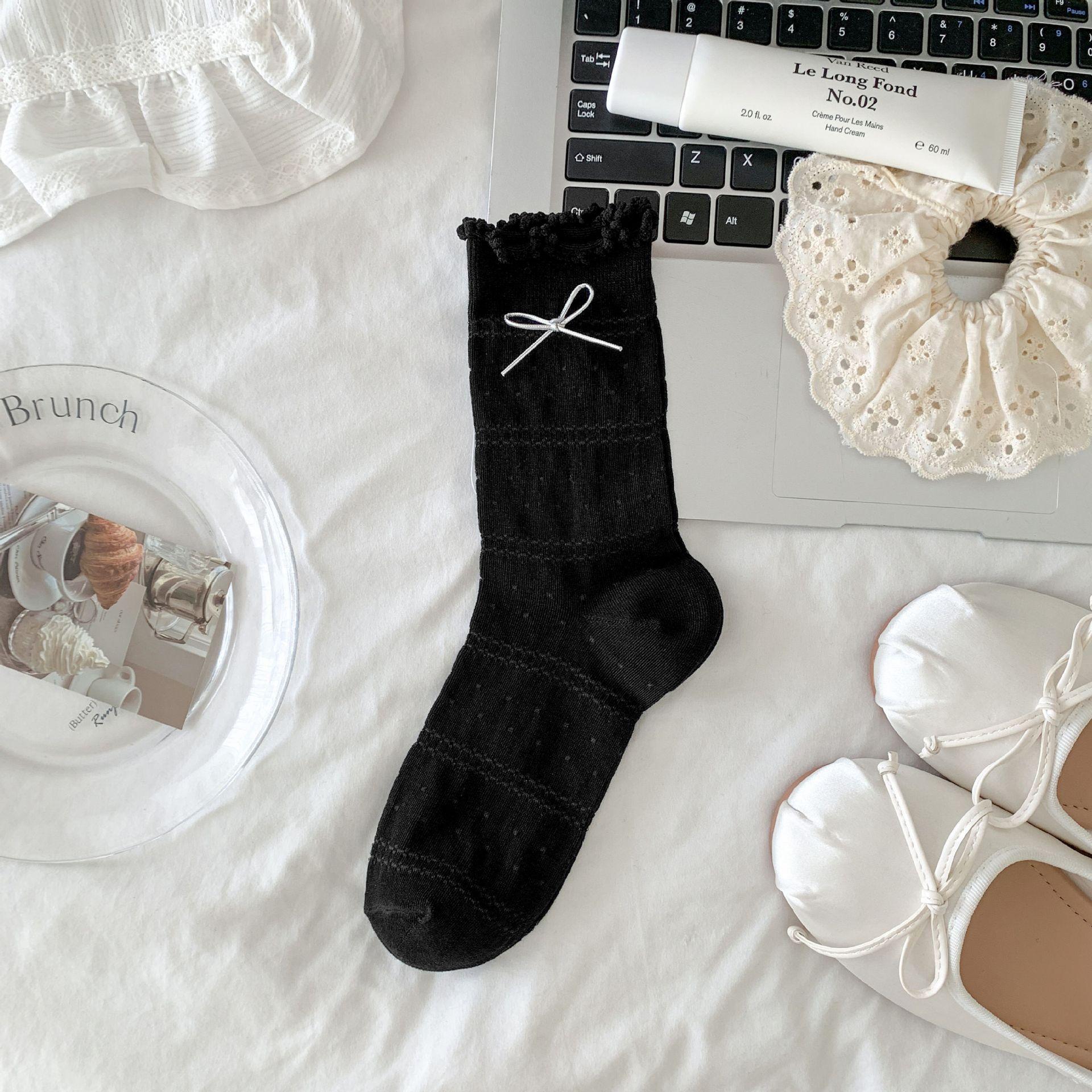 

1 Pair Sweet Korean Fashion Girl Calf Sock Simplicity Bow Ruffle Loose Pile Sock Spring Summer Soft Cotton Breathable Thin Sock One Size чорний