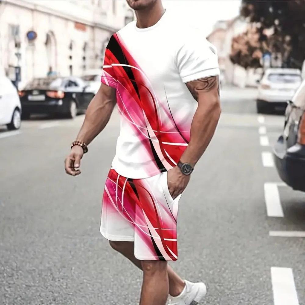 Men s Summer Sports Plus Size 2-piece Set Striped Design Loose Breathable Fashionable Colorful 3D Print Sports Wear S