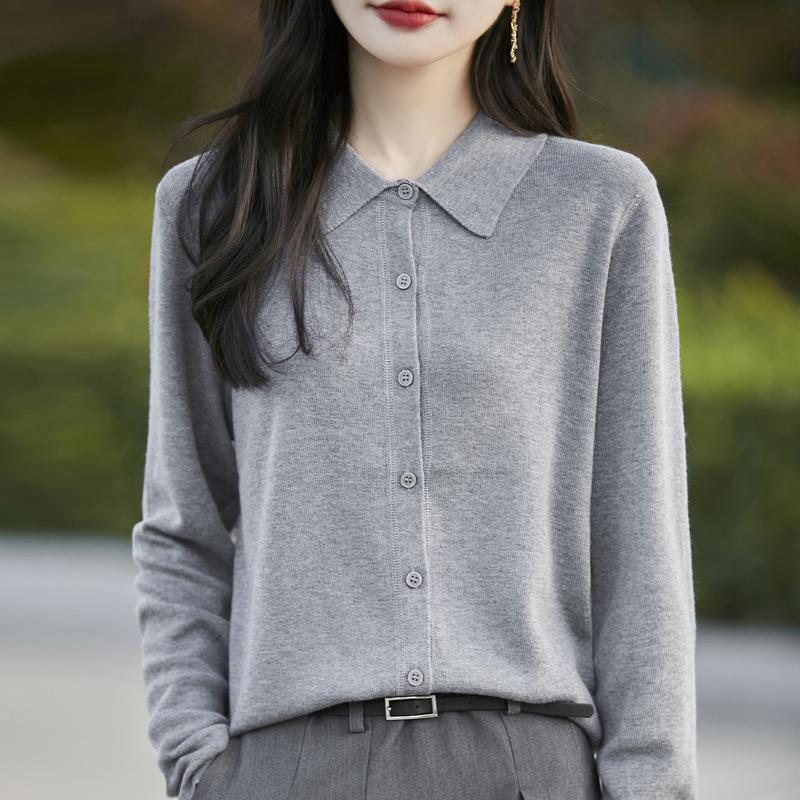 Fine Merino Wool Polo Collar Knit Cardigan - 2025 Spring Collection, Solid Color, Loose Fit, Versatile Outerwear.