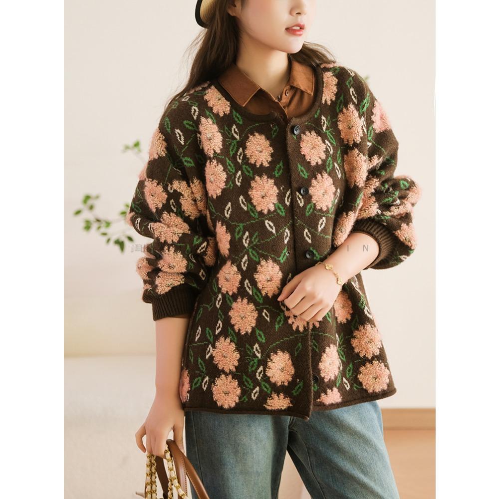 

2024 Зимние свитера Цветочный кардиган Осень Женщины Принт О-образный вырез Летучая мышь свитера Вязание Свободный свитер Зеленый One Size коричневый