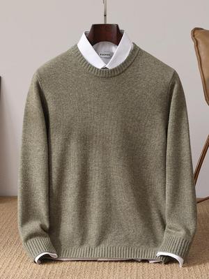 Pull épais à col rond en pure laine pour homme - Coupe ample, couche de base décontractée pour l'automne et l'hiver