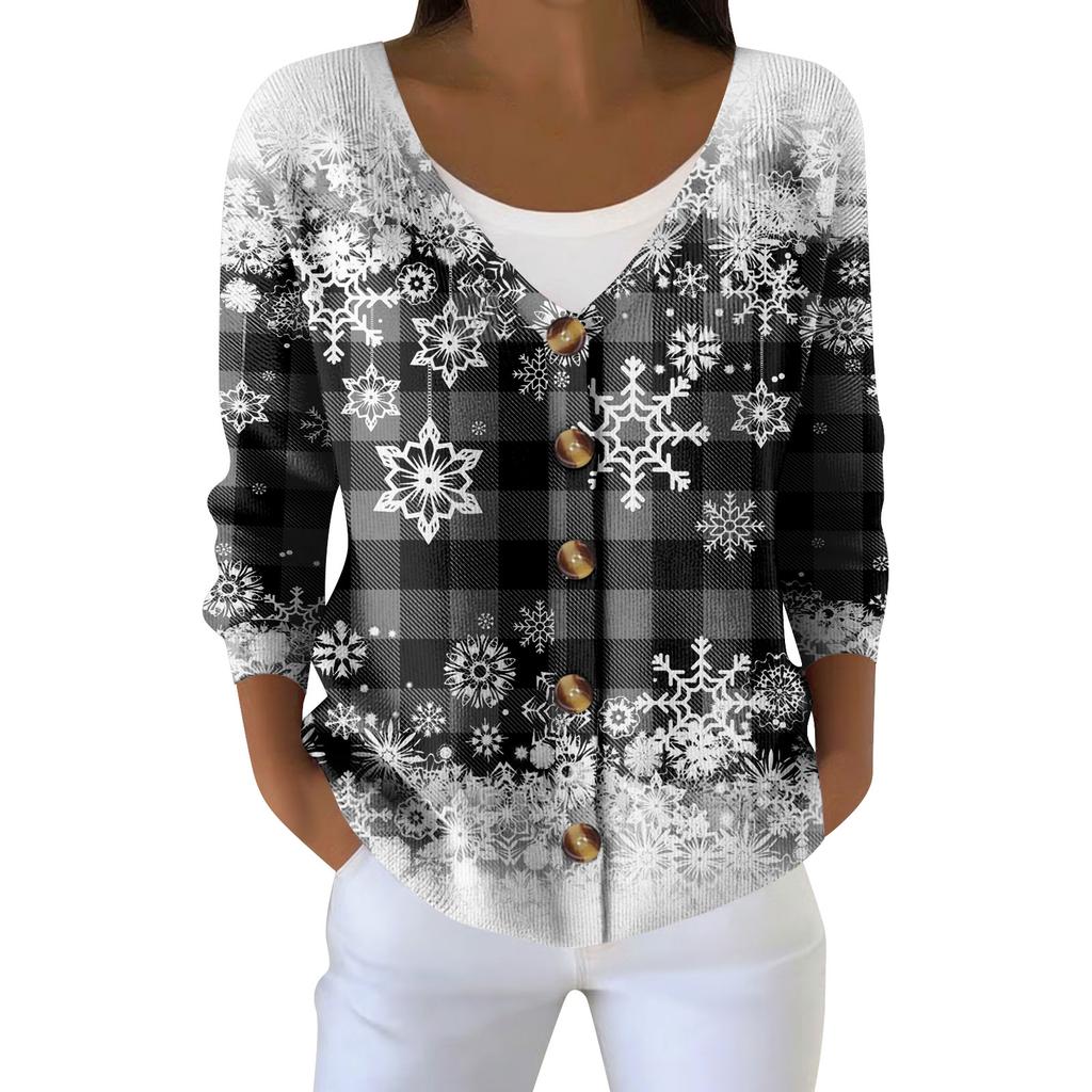 Damemote Langermet Christmas Snowman Snowflake Print Jakke Cardigan