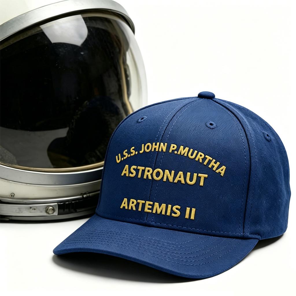 Unisex Embroidered Flat Brim Cap with U S S John P Murtha Astronaut Artemis II Text Adjustable Snapback Hat for Daily Wear