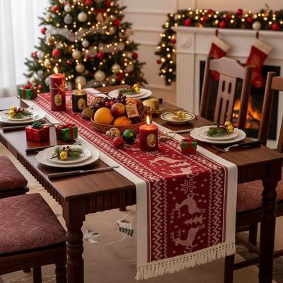 Rectangle Christmas Table Runner Thickened Christmas Tree Printed Table Cover with Tassels Table Flag Xmas Desktop Decoration