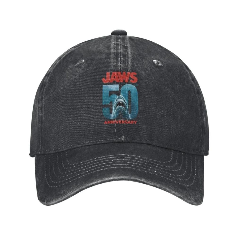 Cappellini da Baseball Logo 50° Anniversario di Lo Squalo Denim Vintage Usurato Snapback Classico Film All'aperto Morbidi Senza Struttura