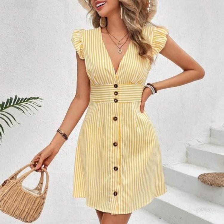 Summer Party Dress Women Striped Print Button Front V Neck Ruffle Cap Sleeve A Line Mini Dress